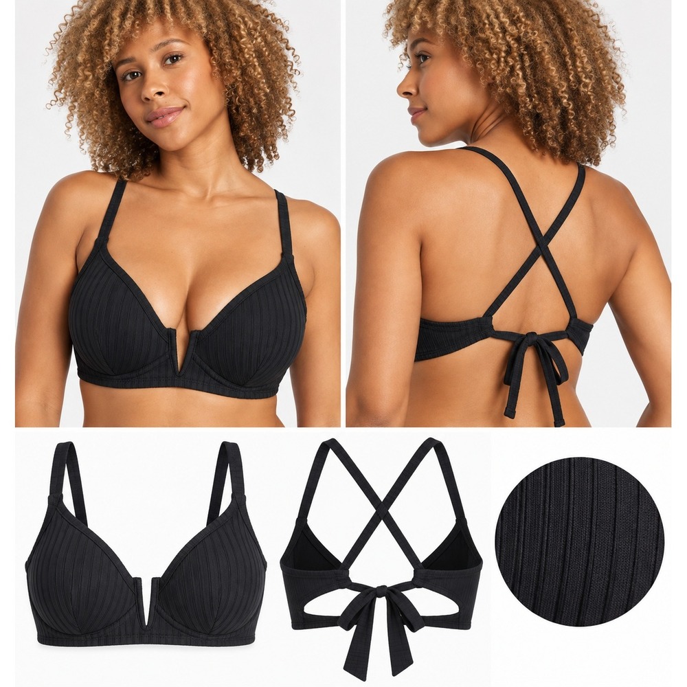 Shade & Shore Ribbed Longline V-Wire Underwire Bikini Top Black 36DD NWT